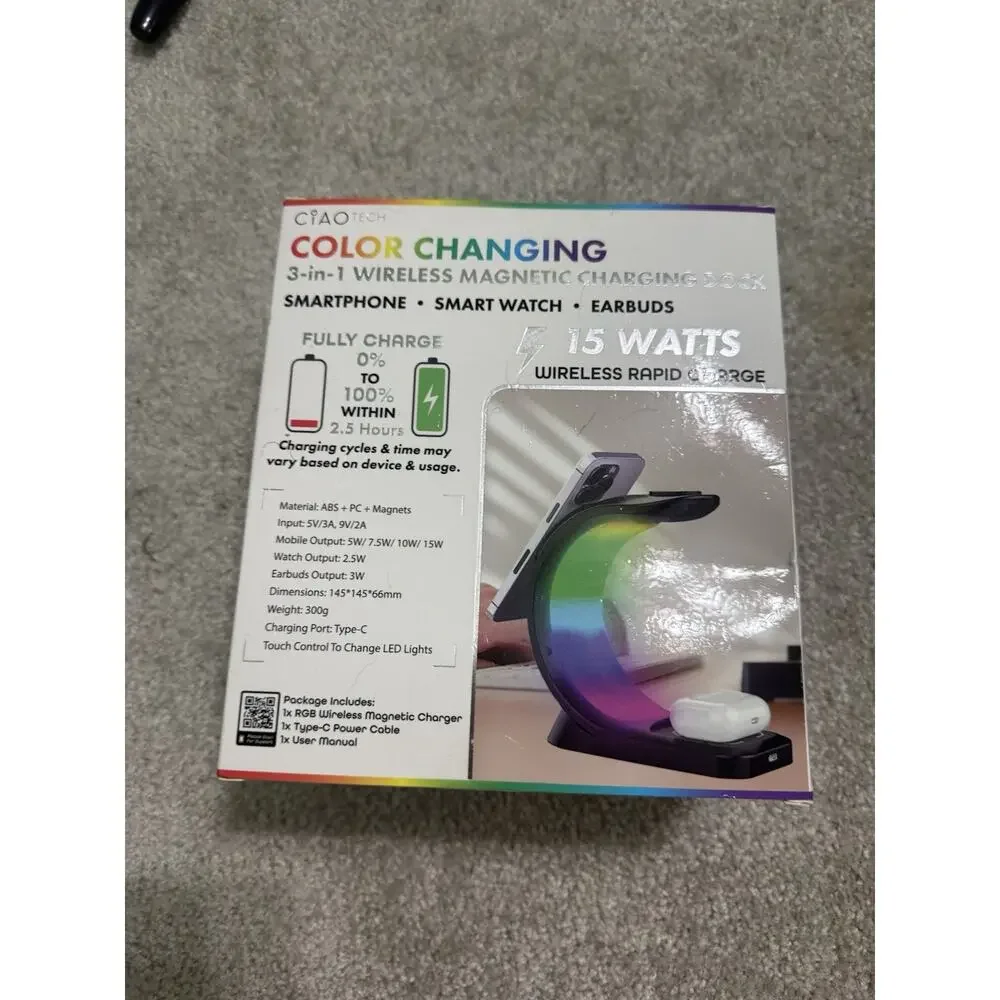 Ciao Tech 3-in-1 Wireless Magnetic Charging Dock Stand 15W RGB LED Apple Android
